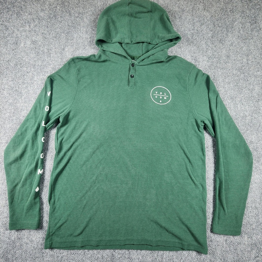 Volcom Mens Green Waffle Knit Henley Hoodie Long Sleeve Shirt A5302200 Large